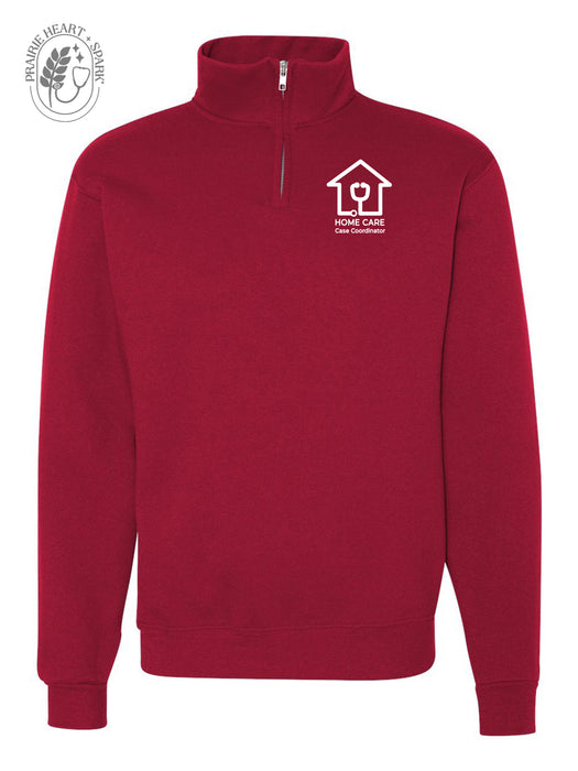 Red quarter-zip sweatshirt with a logo in white