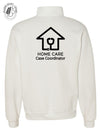 White sweatshirt with 'Home Care Case Coordinator' logo in black on the back of the sweatshirt